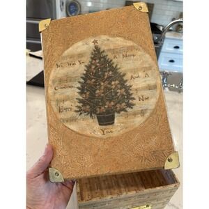VTG Decorative‎ Box Metal Brass Corners & Handles Christmas Tree New Years